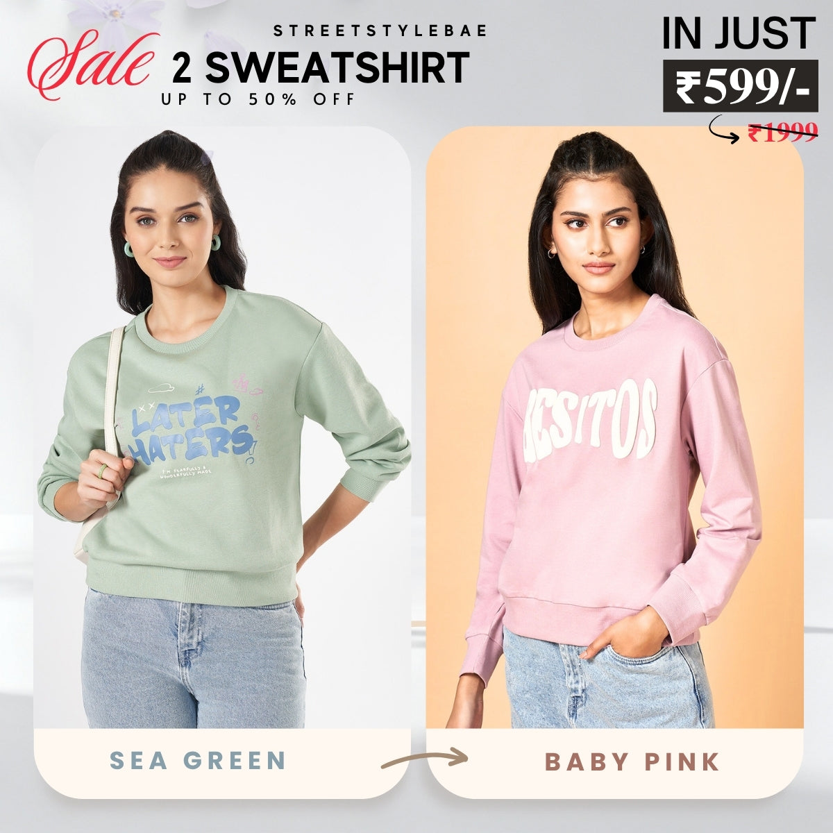 2 Stylish Sweatshirts in Sea-Green & Baby-Pink| Soft, Cozy & Trendy | Up to 50% Off |SS-10