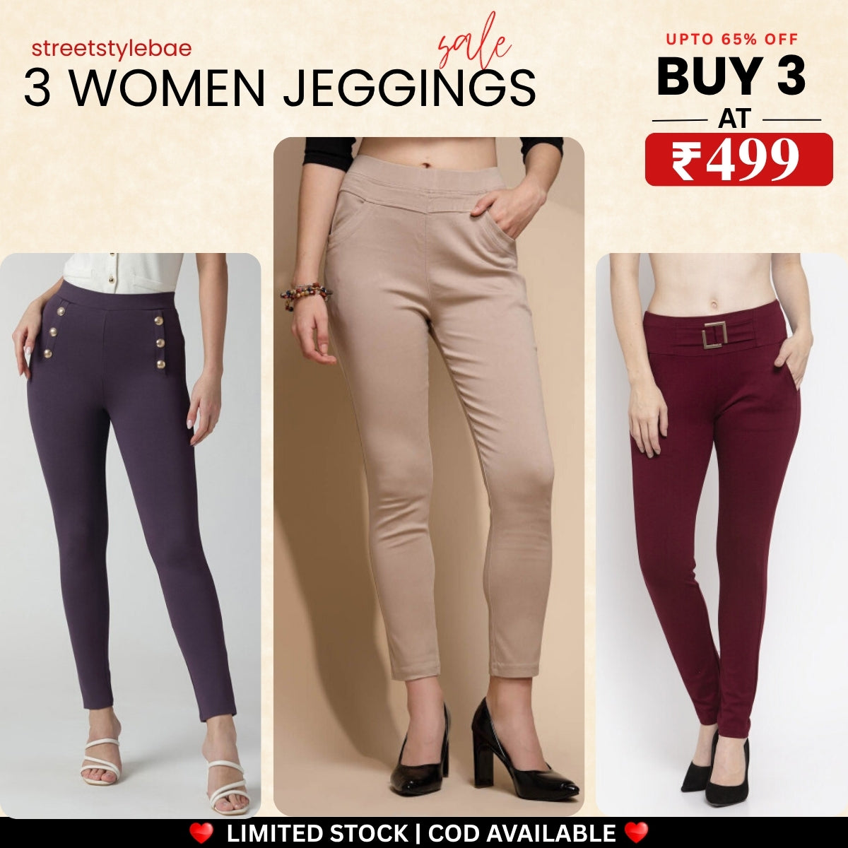 3-Pack Women's Jeggings Combo - Comfortable Stylish Bottoms | JC-10
