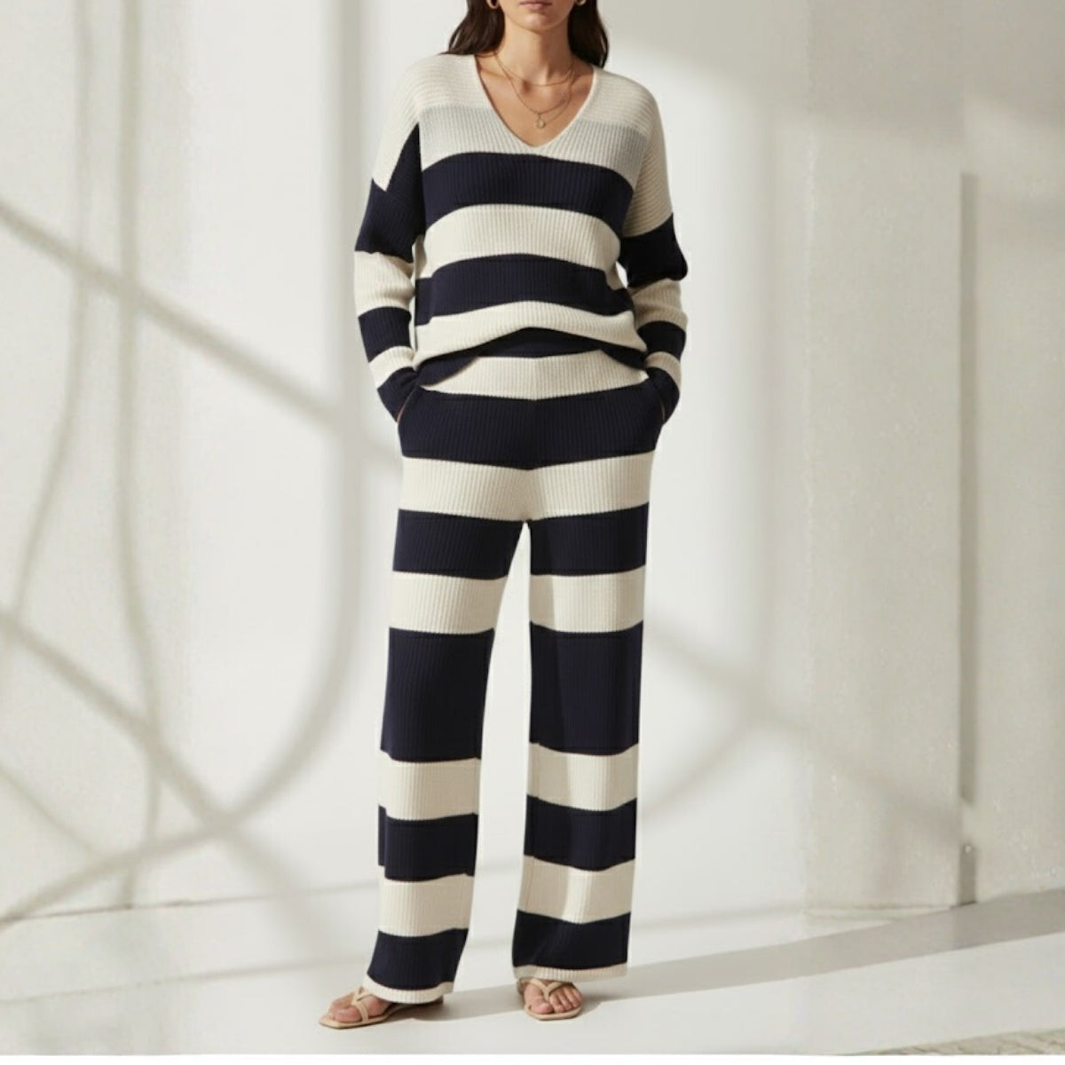 Winter Warmth , Hot Style Crop Co-ords | Striped Black-Beige | CSS-40