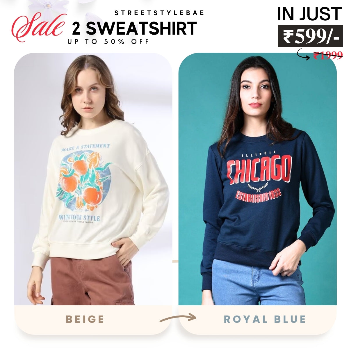 2 Stylish Sweatshirts in Beige & Royal Blue | Soft, Cozy & Trendy | Up to 50% Off |SS-03