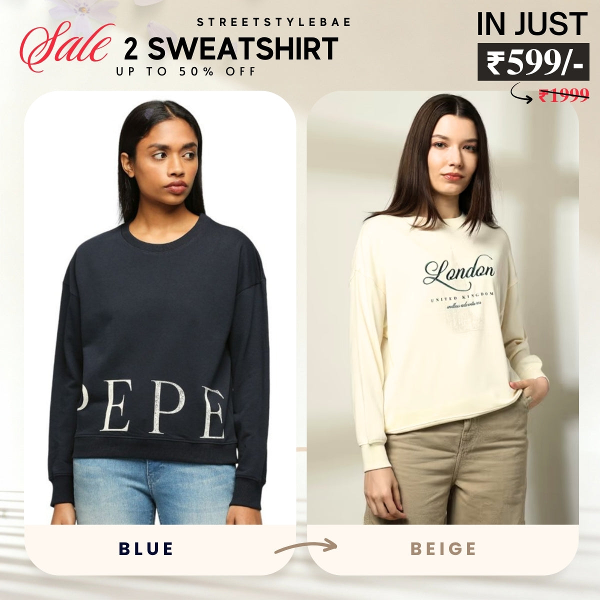 2 Stylish Sweatshirts in Royal Blue & Beige | Soft, Cozy & Trendy | Up to 50% Off |SS-04