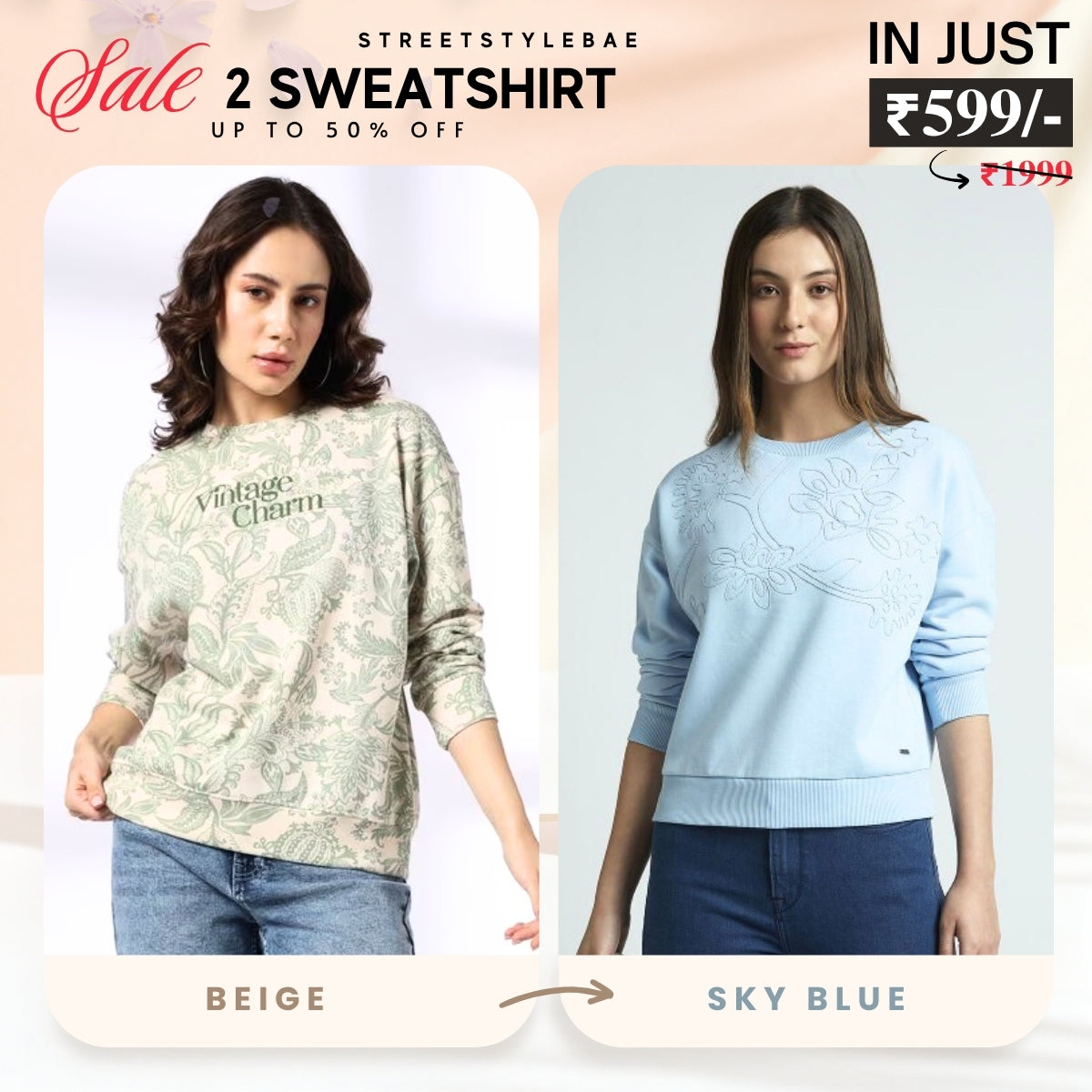 2 Stylish Sweatshirts in Beige & Sky-Blue| Soft, Cozy & Trendy | Up to 50% Off |SS-06
