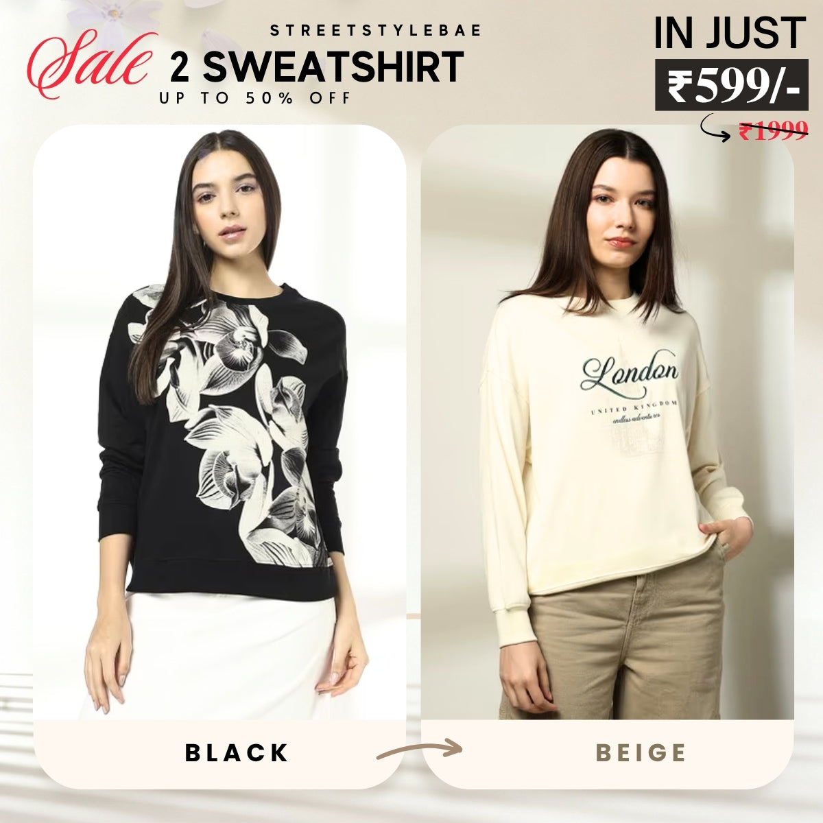 2 Stylish Sweatshirts in Black & Beige| Soft, Cozy & Trendy | Up to 50% Off |SS-07