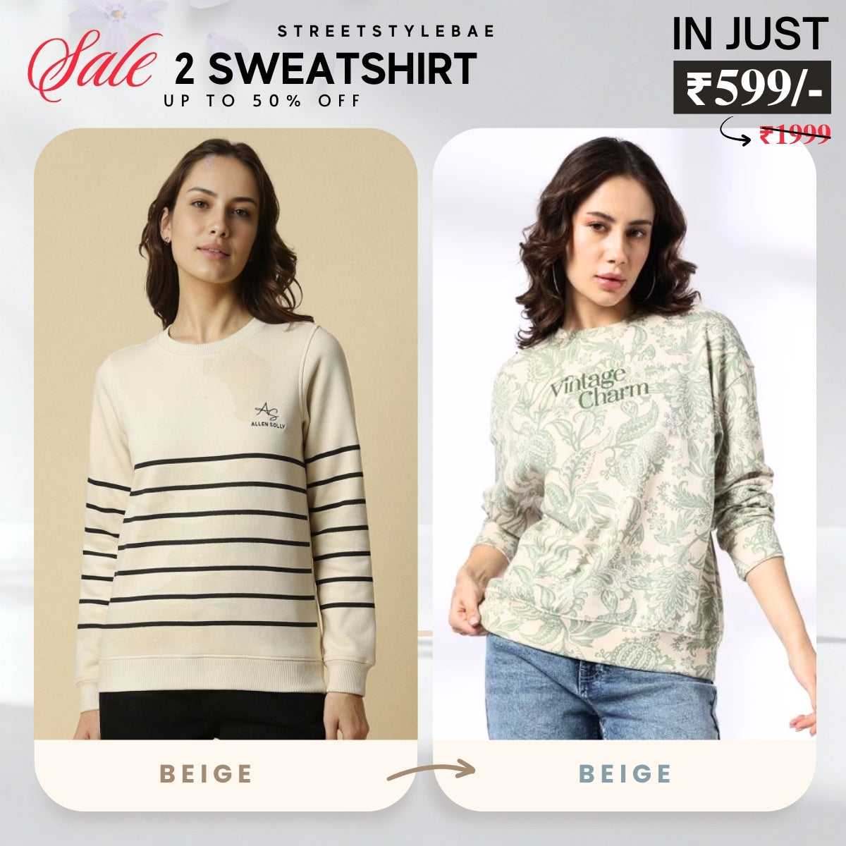 2 Stylish Sweatshirts in Beige & Beige| Soft, Cozy & Trendy | Up to 50% Off |SS-09